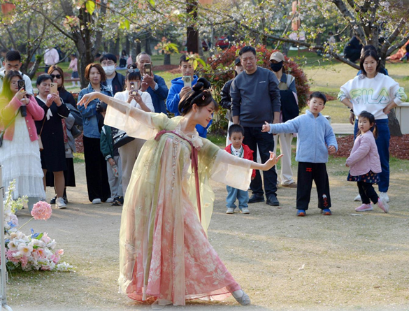 清明假期期間，上海顧村公園櫻花島上，游客在觀賞國(guó)風(fēng)漢服快閃表演。（圖片來(lái)源：視覺(jué)中國(guó)）